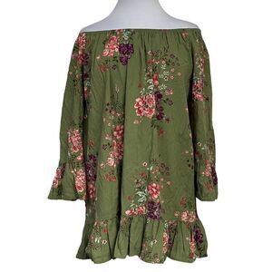 Terra & Sky Ruffled Off Shoulder Floral Peplum Peasant Top 1X Olive Rayon NEW
